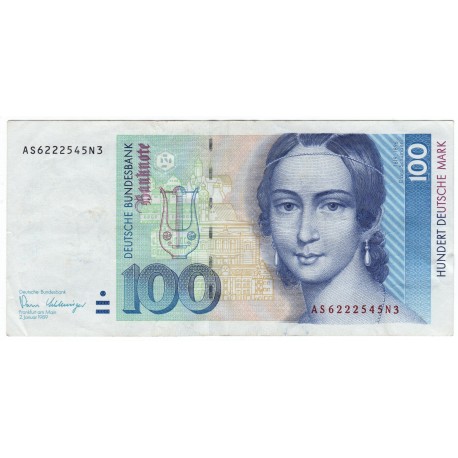 100 Deutsche Mark 1989, AS6222545N3, Clara Schumann, podpis Pӧhl Schlesinger, Nemecko, F