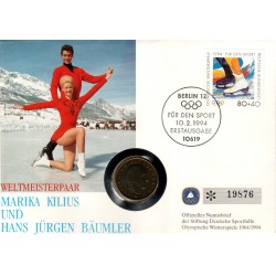 1994 - Weltmeisterpaar Kilius und Bäumler, 1 krone 1993 K, numisbrief, Nemecko
