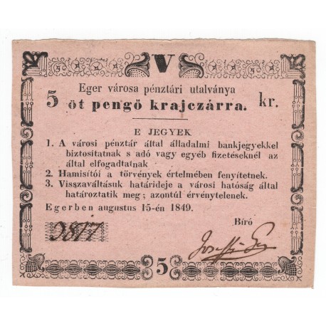5 pengӧ krajczárra 15. 8. 1849, Eger, núdzové platidlo, Maďarsko, XF