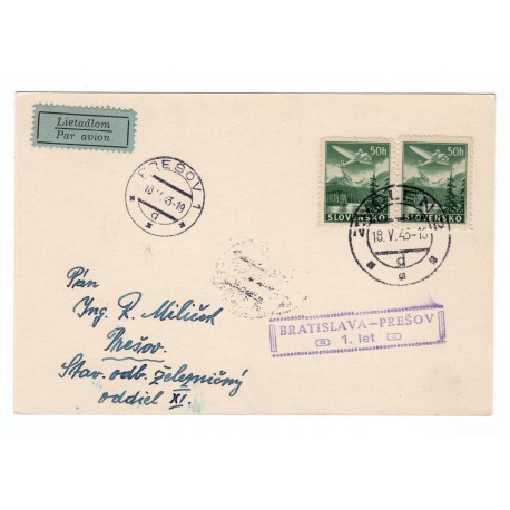 1. let ZVOLEN - PREŠOV, 18. V. 1943, poštový lístok, lietadlom, Slovenský štát