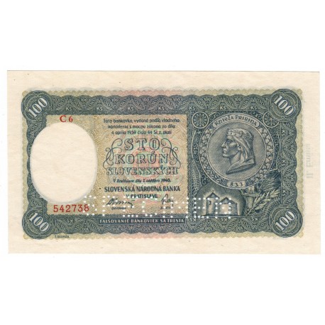 100 Ks 1940, C 6, II. Emisia, dolný SPECIMEN, Slovenský štát, UNC