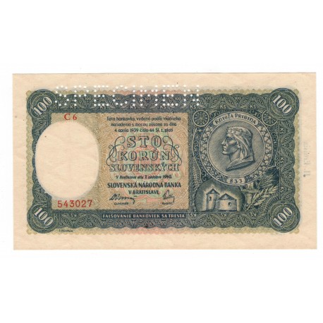 100 Ks 1940, C 6, II. Emisia, horný SPECIMEN, Slovenský štát, aUNC