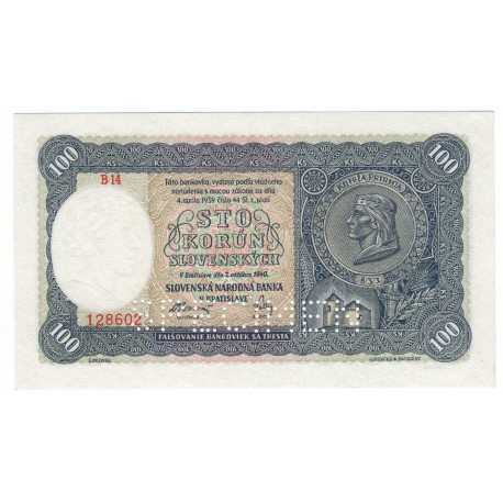 100 Ks 1940, B 14, I. Emisia, dolný SPECIMEN, Slovenský štát, aUNC