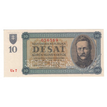 10 Ks 1943, Us 7, perforovaná, bankovka, Slovenský štát, aUNC