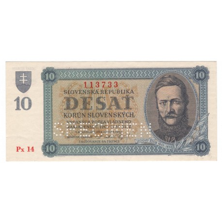 10 Ks 1943, Px 14, perforovaná, bankovka, Slovenský štát, aUNC